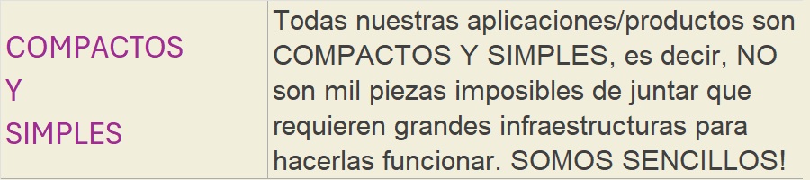 COMPACTOS Y SIMPLES: Todas nuestras aplicaciones/productos son COMPACTOS Y SIMPLES, es decir, NO son mil piezas imposibles de juntar que requieren grandes infraestructuras para hacerlas funcionar. SOMOS SENCILLOS!