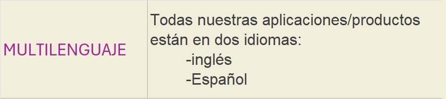 MULTILENGUAJE: Todas nuestras aplicaciones/productos están en dos idiomas:-inglés-Español